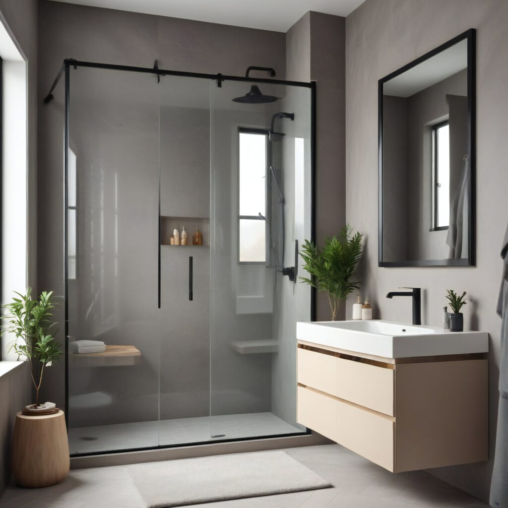 Salle de bain moderne avec douche vitrée noire, meuble-lavabo beige flottant, miroir encadré noir et plantes vertes.