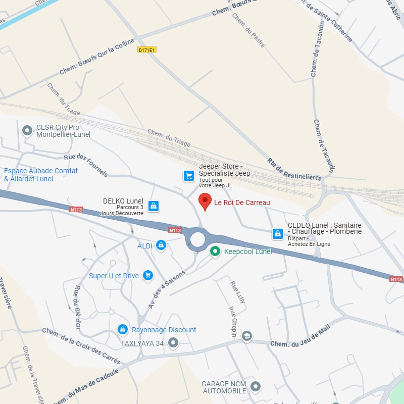 Carte routière de Lunel montrant Le Roi De Carreau près de la N113, un rond-point et des commerces comme Jeeper Store, Keepcool.